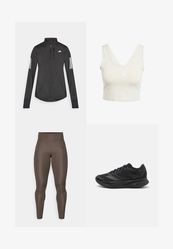 Zwarte sportjack gemaakt van lichtgewicht materiaal. Voorzien van een ritssluiting aan de voorkant, hoge kraag en drie witte strepen op elke mouw.; Lichtbeige crop top met een v-hals, gemaakt van gladde stof. Bevat een klein wit logo op de borst en brede schouderbanden.; Bruine sportleggings met een hoge taille, een gladde textuur, een zijzak en een subtiele logodetail. Vormgevende pasvorm voor comfort en beweging.; Zwarte hardloopschoen met een ademende mesh bovenkant, ronde neus, slank ontwerp, textuuraccenten en een gevoerde zool voor comfort.
