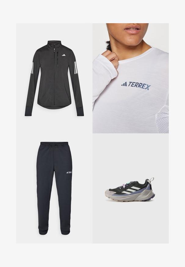 Sort atletisk jakke lavet af let materiale. Har en frontlynlås, høj krave og tre hvide striber på hver ærme.; Hvid langærmet skjorte med et blåt "TERREX" logo. Stoffet er let med teksturerede mesh-detaljer på skuldrene.; Sorte træningsbukser lavet af glat stof, med elastisk linning, smalle ben og et lille hvidt logo på venstre lår.; Sort sportsko med Gore-Tex overdel, hvide striber, lilla detaljer, tykk grå mellemsål og tekstureret grå ydersål for godt greb.