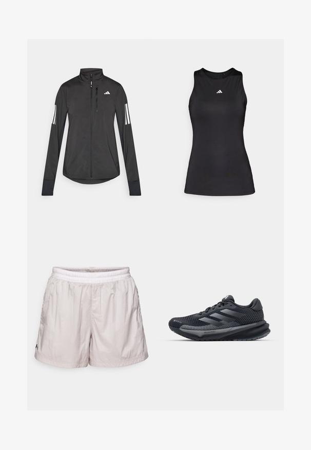 Black athletic jacket made of lightweight material. Features a front zipper, high collar, and three white stripes on each sleeve.; Black sleeveless athletic top made of smooth fabric. Features a round neckline and a small white Adidas logo on the chest.; Light gray athletic shorts with an elastic waistband, made of lightweight fabric. Features pleated texture and small logo on the front.; Black athletic shoe with a textured mesh upper, reflective accents, cushioned sole, and a streamlined design. Features three stripe logo.