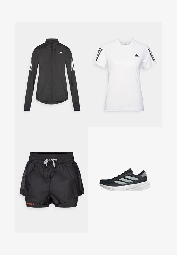 Schwarze Sportjacke aus leichtem Material. Mit einem Frontreißverschluss, hohem Kragen und drei weißen Streifen an jedem Ärmel.; Weißes Sport-T-Shirt aus glattem, leichtem Stoff. Mit schwarzen Drei-Streifen-Akzenten auf den Schultern und einem kleinen schwarzen Logo auf der Brust.; Schwarze Sportshorts mit einer strukturierten Außenschicht, Netzpaneelen und einer inneren, enganliegenden Schicht. Sie verfügen über einen elastischen Bund mit Kordelzug.; Schwarzer Laufschuh mit Mesh-Obermaterial, drei silbernen Streifen, weißer Zwischensohle und strukturiertem Außensohle. Verfügt über einen gepolsterten Schaft und eine Schnürung.