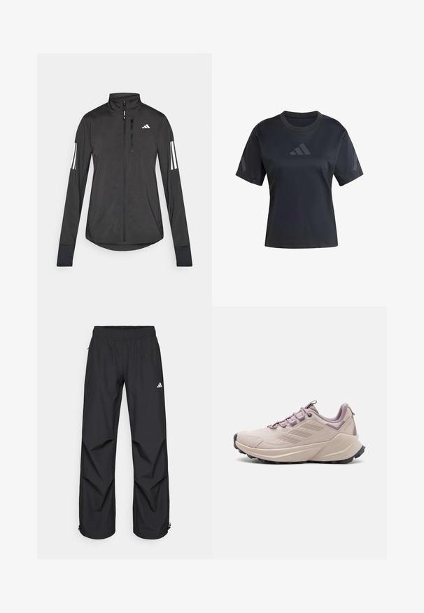 Must mustriga mustrin, millel on esiküljel lukuga, kõrge krae ja igal varrukal kolm valget triipu.; Mustmust sportpaita lühikeste varrukatega, ümarate kaelustega ja siledast tekstuurist. Ees ja külgedel on toon-toonis logo.; Mustad mustad, kerged, veekindlad püksid elastse vöökoha, küljetaskute ja reguleeritavate sääreotsadega. Vasakul reiel on valge logo.; Heleda roosa maastikujooksu toss, millel on tekstuuriga pealmine osa, polsterdatud krae ja must kummist välistald, millel on sügavad mustrid haarde jaoks.