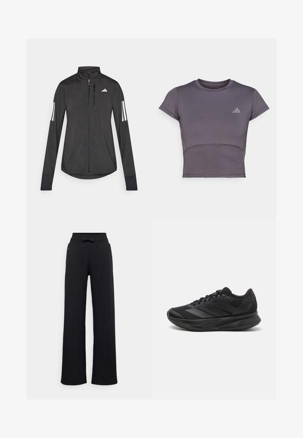 Crni sportski jakna napravljena od laganog materijala. Ima prednji zatvarač, visoki ovratnik i tri bijele pruge na svakoj rukavu.; Kratak rukav, sivi atletski crop top s prilagođenim dizajnom. Ima teksturirano tijelo i diskretni logotip na prsima. Glatka završna obrada tkanine.; Crne trenirke širokog kroja, elastičan pojas i detalj s mašnom. Glatka tekstura bez vidljivih uzoraka ili metalnih dijelova.; Crne trkaće tenisice s prozračnom mrežastom gornjom konstrukcijom, zaobljenim prstima, elegantnim dizajnom, teksturiranim detaljima i mekanim potplatom za udobnost.