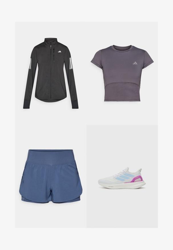 Črna športna jakna iz lahkega materiala. Ima sprednji zadrgo, visok ovratnik in tri bele črte na vsaki rokavi.; Kratak rukav, sivi sportski crop top s prilagođenim dizajnom. Sadrži teksturiranu površinu i suptilni logotip na prsima. Glatka završna obrada tkanine.; Under Armour VANISH - Kratke hlače 2 v 1 - downpour gray; adidas Performance PUREBOOST 5 - Tekaški copati za cesto - white/glow blue/purple burst