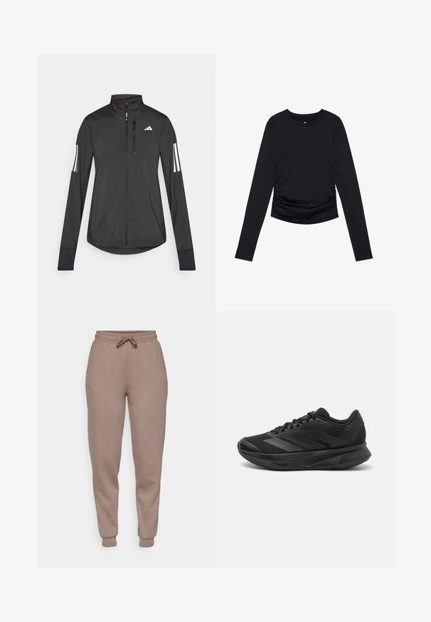 Crni sportski jakna napravljena od laganog materijala. Ima prednji zatvarač, visoki ovratnik i tri bijele pruge na svakoj rukavu.; Crna bluzica dugih rukava s okruglim izrezom i naboranim detaljima sa strane, prikazana na jednostavnoj bijeloj pozadini.; ONLY Play ONPLOUNGE LIFE REG NOOS - Donji dijelovi trenirke - walnut; Crne trkaće tenisice s prozračnom mrežastom gornjom konstrukcijom, zaobljenim prstima, elegantnim dizajnom, teksturiranim detaljima i mekanim potplatom za udobnost.