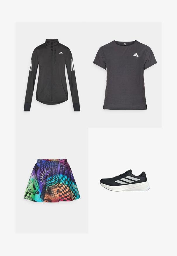 Chaqueta deportiva negra hecha de material ligero. Cuenta con una cremallera frontal, un cuello alto y tres franjas blancas en cada manga.; Camiseta atlética de manga corta, gris oscuro con textura perforada. Presenta un logo blanco y rayas laterales en contraste. Escote redondeado.; Falda colorida con una mezcla de patrones en púrpura, azul, verde y naranja. La cinturilla elástica y el diseño plisado realzan el movimiento.; Zapatilla deportiva negra con un upper texturizado, que presenta tres stripes blancas en el lateral y una media suela blanca. Diseño ligero y forma aerodinámica.