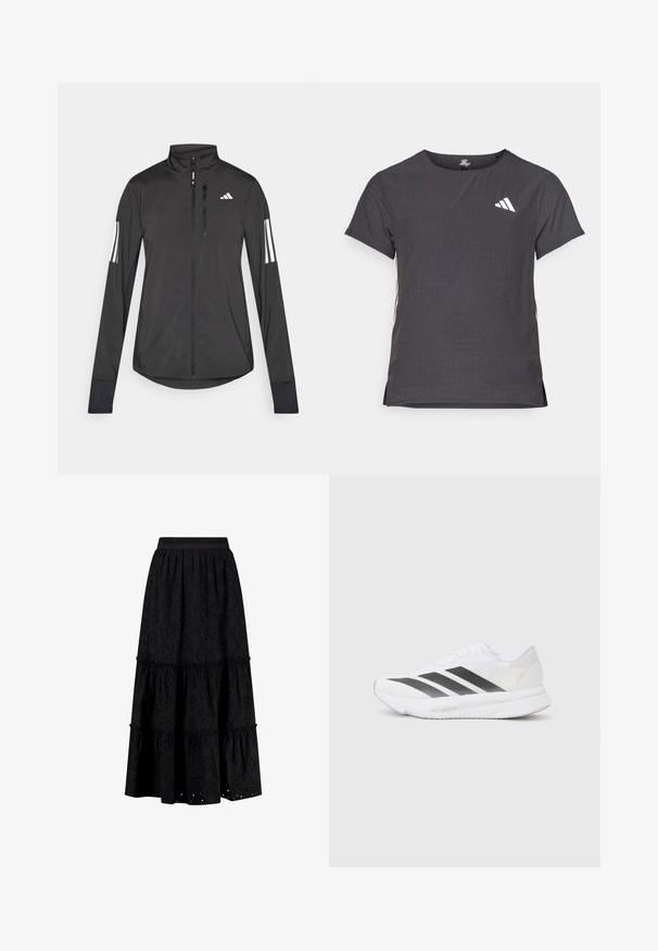 Črna športna jakna iz lahkega materiala. Ima sprednji zadrgo, visok ovratnik in tri bele črte na vsaki rokavi.; Kratka športna majica s kratkimi rokavi, temno siva z perforirano teksturo. Ima bel logotip in kontrastne stranske črte. Okrogel ovratnik.; Shiwi GIGI EMBRODERIE - Dolgo krilo - broderie black; Bela atletska čevlja z črnimi diagonali, mrežastim zgornjim delom, zaobljenim nosom in teksturirano podplatom. Dodatki vključujejo srebrno peto in minimalističen dizajn.