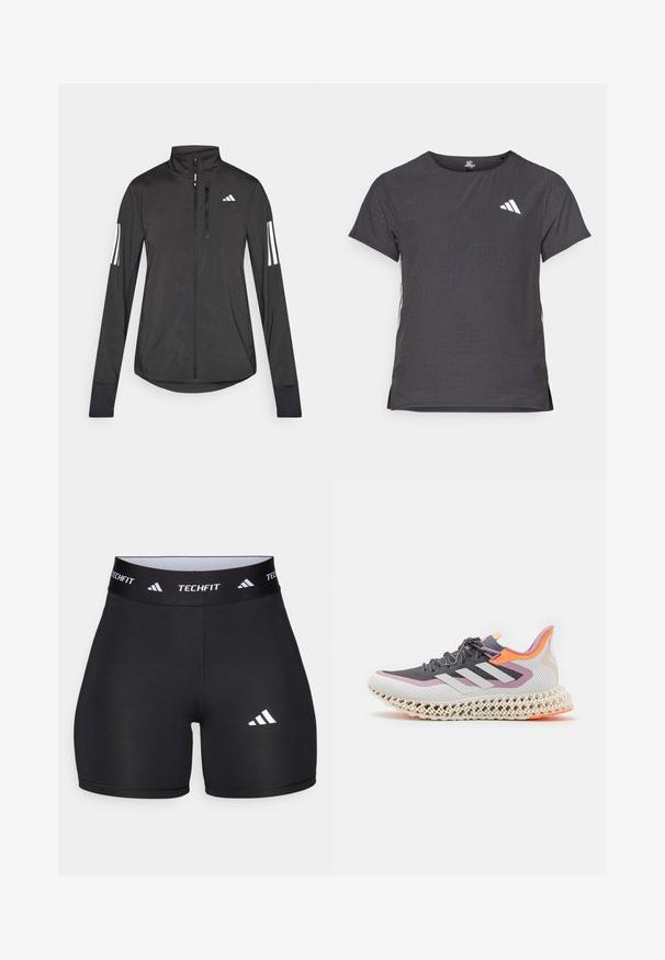 Veste de sport noire en matériau léger. Dotée d'une fermeture éclair sur le devant, d'un col haut et de trois rayures blanches sur chaque manche.; T-shirt de sport à manches courtes, gris foncé avec une texture perforée. Présente un logo blanc et des rayures latérales contrastantes. Encolure arrondie.; Shorts noirs en tissu extensible avec un design ajusté. Dotés d'une large ceinture noire portant l'étiquette "TECHFIT" et d'un logo blanc sur la jambe.; adidas Performance 4DFWD 2 W - Chaussures de running sur route - grey