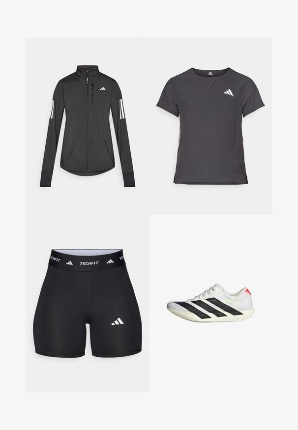 Veste de sport noire en matériau léger. Dotée d'une fermeture éclair sur le devant, d'un col haut et de trois rayures blanches sur chaque manche.; T-shirt de sport à manches courtes, gris foncé avec une texture perforée. Présente un logo blanc et des rayures latérales contrastantes. Encolure arrondie.; Shorts noirs en tissu extensible avec un design ajusté. Dotés d'une large ceinture noire portant l'étiquette "TECHFIT" et d'un logo blanc sur la jambe.; Baskets de course blanches avec des rayures noires, tige en mesh texturé, semelle plate et accents réflexes. Présente un design épuré et un système de laçage.
