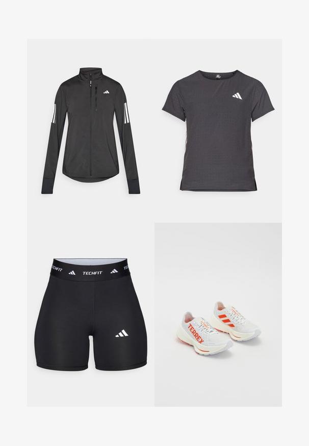 Melnā sporta jaka, izgatavota no viegla materiāla. Tajā ir priekšējais rāvējslēdzis, augsta apkakle un trīs baltas svītras katrā piedurknē.; Īsām piedurkņu sporta T-krekls, tumši pelēks ar perforētu tekstūru. Iespējots ar baltu logotipu un kontrastējošām sānu svītrām. Apaļa kakla izgriezums.; Melnas šortus, izgatavotus no elastīga auduma, ar pieguļošu dizainu. Iezīmēts ar plašu melnu jostasvietu, uz kuras ir uzraksts "TECHFIT", un ar baltu logotipu uz kājas.; Baltie skriešanas apavi ar oranžām akcentiem. Sietveida materiāls, noapaļots pirksts un bieza starpzole. "TERREX" uzdrukāts uz sāna un trīs svītras uz papēža.