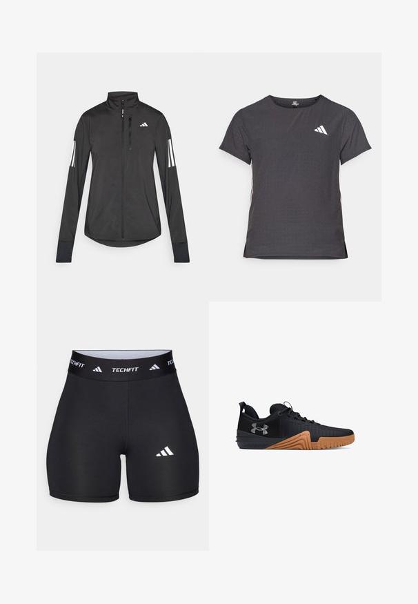 Svart idrottsjacka i lätt material. Har en framzipper, hög krage och tre vita ränder på varje ärm.; Kortärmad atletisk t-shirt, mörkgrå med perforerad textur. Har en vit logotyp och kontrasterande sidostripes. Rundad halsringning.; Svarta shorts tillverkade av elastiskt material med en figurnära design. Har ett brett svart midjeband märkt "TECHFIT" och en vit logotyp på benet.; Svarta sportskor med ett texturerat material, gummisulor i beige med greppmönster och en kontrasterande logotyp på sidan.
