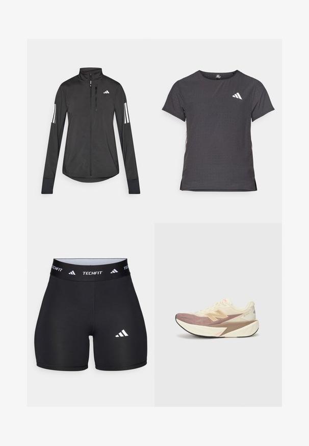 Zwarte sportjack gemaakt van lichtgewicht materiaal. Voorzien van een ritssluiting aan de voorkant, hoge kraag en drie witte strepen op elke mouw.; Korte mouwen sport t-shirt, donkergrijs met geperforeerde textuur. Bevat een wit logo en contrasterende zijstrepen. Ronde halslijn.; Zwarte shorts van rekbaar materiaal met een getailleerd ontwerp. Beschikt over een brede zwarte tailleband met het label "TECHFIT" en een wit logo op het been.; Hardloopschoen met een crèmekleurige bovenkant, roze accenten en grijze details. Voorzien van een dikke zool met een gestructureerd oppervlak en een prominent logo.