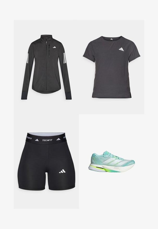 Musta urheilutakki, joka on valmistettu kevyestä materiaalista. Ominaisuuksiin kuuluu etuvetoketju, korkea kaulus ja kolme valkoista raitaa joka hihassa.; Lyhythihainen urheilupaita, tummanharmaa, jossa on reikäkudot. Ominaisuuksina valkoinen logo ja kontrastiväriset sivusuunnat. Pyöreä pääntie.; Lyhyet mustat shortsit, jotka on valmistettu joustavasta kankaasta ja joissa on muotoiltu malli. Ominaisuuksiin kuuluu leveä musta vyötärönauha, johon on merkitty "TECHFIT", sekä valkoinen logo jalassa.; Kevyt juoksukenkä menta vihreänä ja valkoisena, jossa verkkopinta ja joustava pohja. Varustettu kolmella raidalla ja teksturoidulla kantapääosuudella.