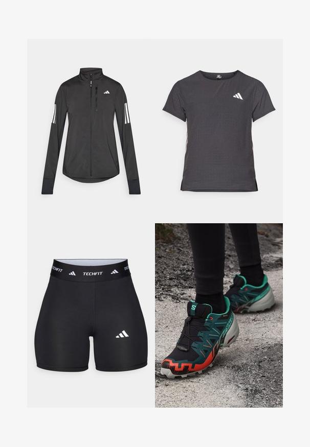 Schwarze Sportjacke aus leichtem Material. Mit einem Frontreißverschluss, hohem Kragen und drei weißen Streifen an jedem Ärmel.; Kurze Ärmel Sport-T-Shirt, dunkelgrau mit durchbrochener Textur. Enthält ein weißes Logo und kontrastierende Seitenstreifen. Runder Ausschnitt.; Schwarze Shorts aus dehnbarem Stoff mit passgenauer Passform. Verfügt über einen breiten schwarzen Bund, der mit "TECHFIT" beschriftet ist, und ein weißes Logo am Bein.; Salomon SPEEDCROSS 6 GTX - Laufschuh Trail - black/electric green/cherry tomato
