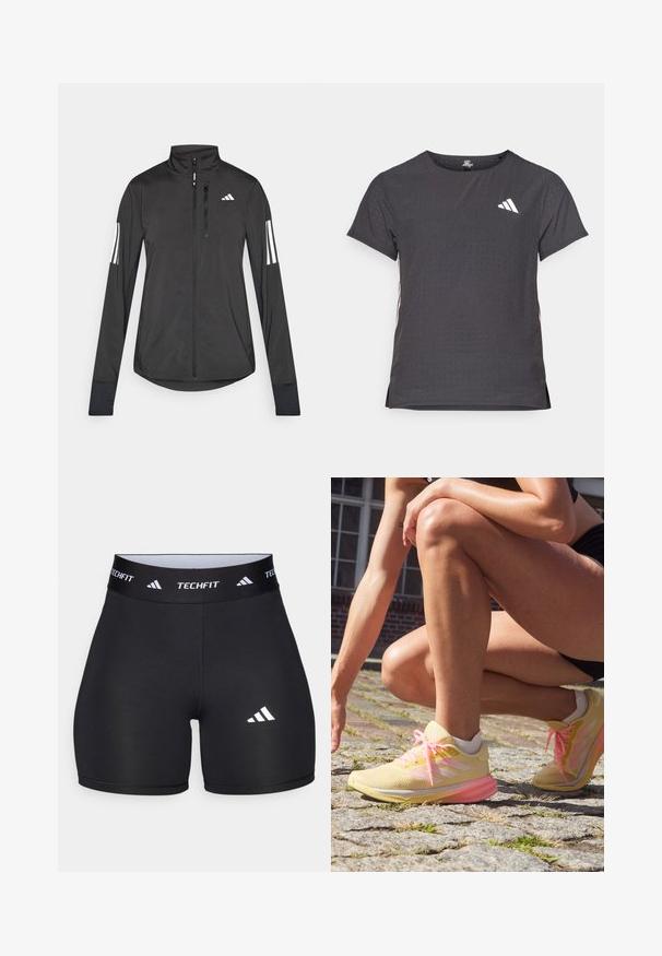 Giacchetto sportivo nero realizzato in materiale leggero. Presenta una chiusura frontale con zip, colletto alto e tre strisce bianche su ciascun manica.; T-shirt atletico a maniche corte, grigio scuro con texture perforata. Presenta un logo bianco e strisce laterali a contrasto. Girocollo.; Shorts neri realizzati in tessuto elastico con un design aderente. Presentano una larga fascia in vita nera etichettata "TECHFIT" e un logo bianco sulla gamba.; adidas Performance SUPERNOVA STRIDE - Scarpe da corsa su strada - almost yellow/zero metallic/pink spark