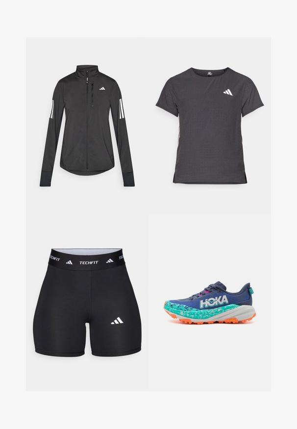 Chaqueta deportiva negra hecha de material ligero. Cuenta con una cremallera frontal, un cuello alto y tres franjas blancas en cada manga.; Camiseta atlética de manga corta, gris oscuro con textura perforada. Presenta un logo blanco y rayas laterales en contraste. Escote redondeado.; Pantalones cortos negros hechos de una tela elástica con un diseño ajustado. Cuentan con una cintura ancha negra etiquetada como "TECHFIT" y un logo blanco en la pierna.; HOKA SPEEDGOAT 6 - Zapatillas de trail running - varsity blue/meteor
