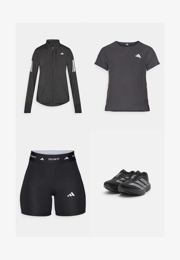 Zwarte sportjack gemaakt van lichtgewicht materiaal. Voorzien van een ritssluiting aan de voorkant, hoge kraag en drie witte strepen op elke mouw.; Korte mouwen sport t-shirt, donkergrijs met geperforeerde textuur. Bevat een wit logo en contrasterende zijstrepen. Ronde halslijn.; Zwarte shorts van rekbaar materiaal met een getailleerd ontwerp. Beschikt over een brede zwarte tailleband met het label "TECHFIT" en een wit logo op het been.; Een paar zwarte Adidas Adizero hardloopschoenen met grijze strepen, dikke zolen en veters op een witte achtergrond.
