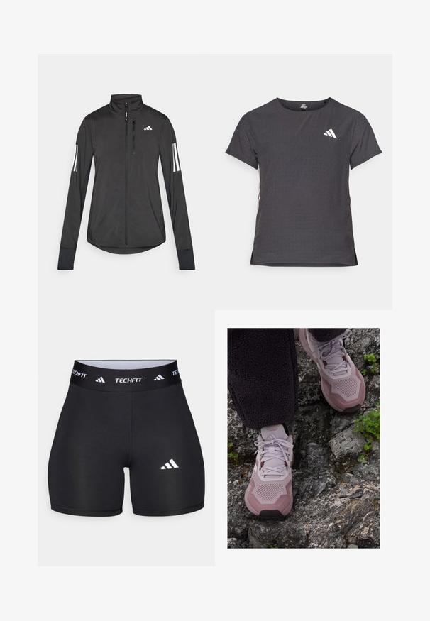 Jachetă sport neagră din material ușor. Are un fermoar frontal, guler înalt și trei dungi albe pe fiecare manșon.; Tricou athletic cu mânecă scurtă, gri închis, cu textură perforată. Prezentă un logo alb și dungi contrastante pe laterale. Guler rotunjit.; Scurturi negre dintr-un material elastic, cu un design ajustat. Dispun de un brâu lat negru, inscripționat cu "TECHFIT" și un logo alb pe picior.; Adidași atletici de culoare violet deschis, cu un superior din plasă texturată, vârf întărit și talpă din cauciuc, poziționați pe un teren stâncos, cu accente verzi.