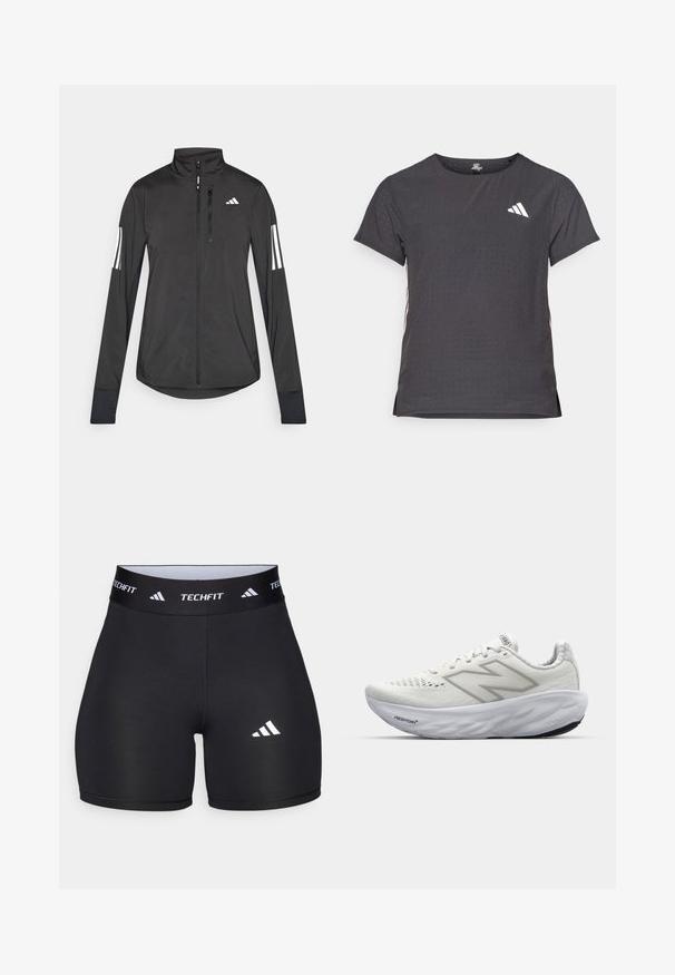 Chaqueta deportiva negra hecha de material ligero. Cuenta con una cremallera frontal, un cuello alto y tres franjas blancas en cada manga.; Camiseta atlética de manga corta, gris oscuro con textura perforada. Presenta un logo blanco y rayas laterales en contraste. Escote redondeado.; Pantalones cortos negros hechos de una tela elástica con un diseño ajustado. Cuentan con una cintura ancha negra etiquetada como "TECHFIT" y un logo blanco en la pierna.; Zapatillas deportivas blancas con parte superior de malla, que cuentan con un cuello acolchado, suela texturizada y la marca "Fresh Foam" en la entresuela.