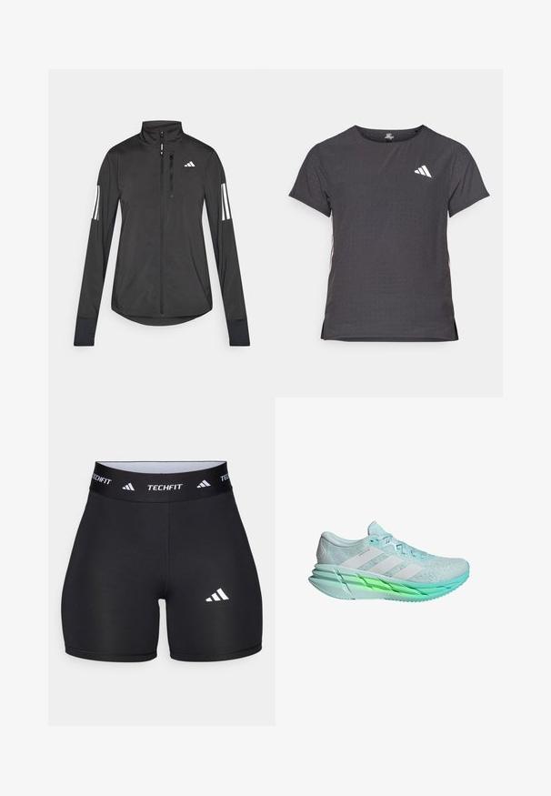 Chaqueta deportiva negra hecha de material ligero. Cuenta con una cremallera frontal, un cuello alto y tres franjas blancas en cada manga.; Camiseta atlética de manga corta, gris oscuro con textura perforada. Presenta un logo blanco y rayas laterales en contraste. Escote redondeado.; Pantalones cortos negros hechos de una tela elástica con un diseño ajustado. Cuentan con una cintura ancha negra etiquetada como "TECHFIT" y un logo blanco en la pierna.; Zapatilla de running azul claro con una parte superior de malla texturizada, tres rayas blancas y una suela de tinte verde. Presenta un cuello acolchado y cordones planos.