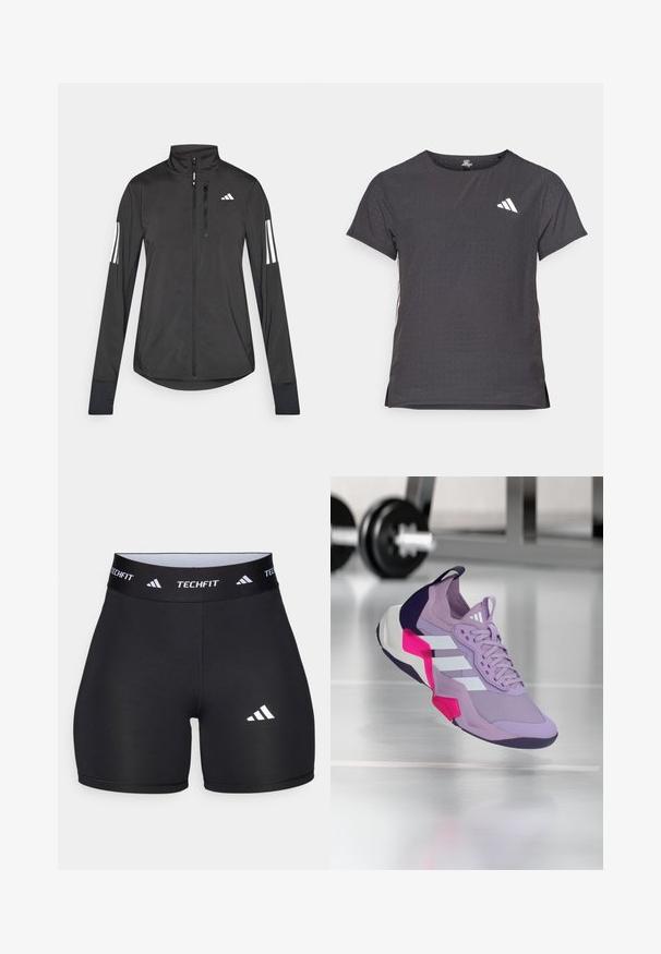 Černá atletická bunda vyrobená z lehkého materiálu. Má přední zip, vysoký límec a tři bílé pruhy na každém rukávu.; Kraťasový sportovní tričko, tmavě šedé barvy s perforovanou texturou. Obsahuje bílé logo a kontrastní boční pruhy. Kulatý výstřih.; Černé šortky vyrobené z pružného materiálu s přiléhavým střihem. Vybaveny širokým černým páskem se označením "TECHFIT" a bílým logem na noze.; Fialová sportovní obuv s mesh svrškem, bílými pruhy, růžovými a černými akcenty, polstrovaným límcem a texturovanou podrážkou, navržená pro výkon.