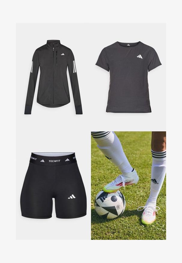 Must mustriga mustrin, millel on esiküljel lukuga, kõrge krae ja igal varrukal kolm valget triipu.; Lühikese varrukaga sportlik T-särk, tumehall, perforatsiooni tekstuuriga. Omab valget logo ja kontrastset külgtriipu. Ümar kaelus.; Mustad mustad mustarid elastse materjaliga, millel on kehaümberpüüdmisel põhinev disain. Omab laia musta kummivöötlust, millel on kiri "TECHFIT" ja valge logo jalal.; Valged jalgpallijalatsid punaste aktsentidega, asetatuna musta ja valge jalgpallile, rohutekkel, kus on nähtavad valged sokid ja triibud.