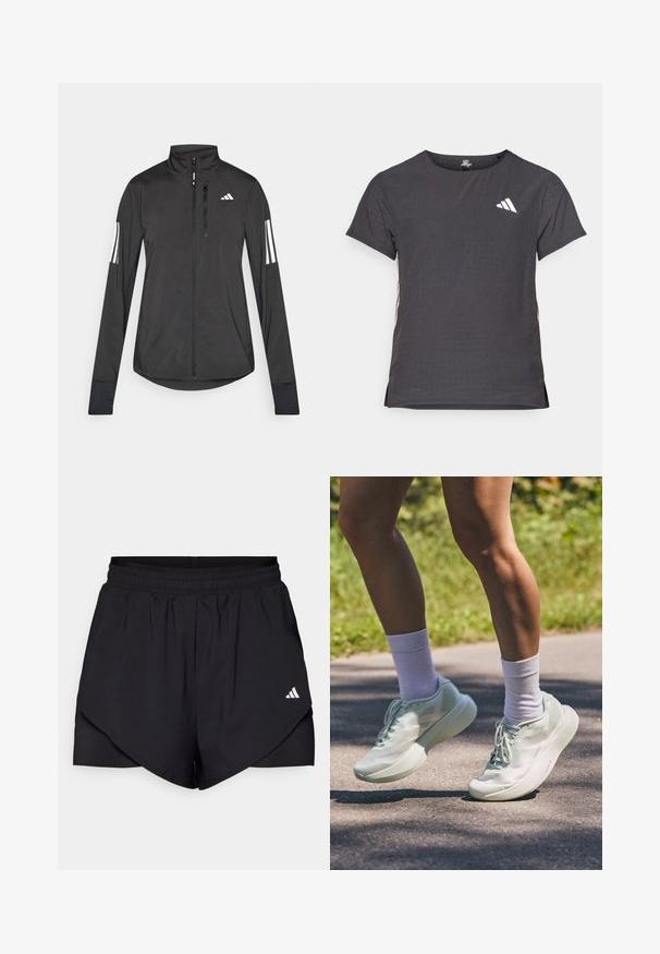 Must mustriga mustrin, millel on esiküljel lukuga, kõrge krae ja igal varrukal kolm valget triipu.; Lühikese varrukaga sportlik T-särk, tumehall, perforatsiooni tekstuuriga. Omab valget logo ja kontrastset külgtriipu. Ümar kaelus.; Mustad mustad lühikesed püksid kihilise disainiga, valmistatud kergest kangast. Omavad elastset taljeosa ja väikest valget logo külgedel.; Heledad helesin lihtsalt piparmündiroheline treeningsaadus, millel on sile tekstuur, ümar varvas ja paks tald. Kombineeritud valgete pahkluu sokkidega, toodud liikumises rajal.