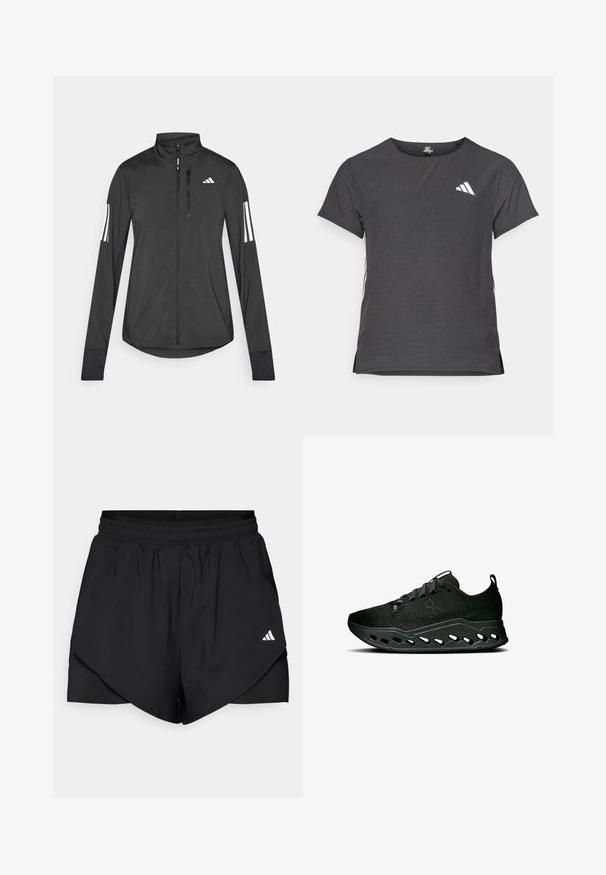 Veste de sport noire en matériau léger. Dotée d'une fermeture éclair sur le devant, d'un col haut et de trois rayures blanches sur chaque manche.; T-shirt de sport à manches courtes, gris foncé avec une texture perforée. Présente un logo blanc et des rayures latérales contrastantes. Encolure arrondie.; Shorts de sport noirs avec un design superposé, fabriqués en tissu léger. Possèdent une taille élastique et un petit logo blanc sur le côté.; On CLOUDSURFER MAX - Chaussures de running sur route - black eclipse