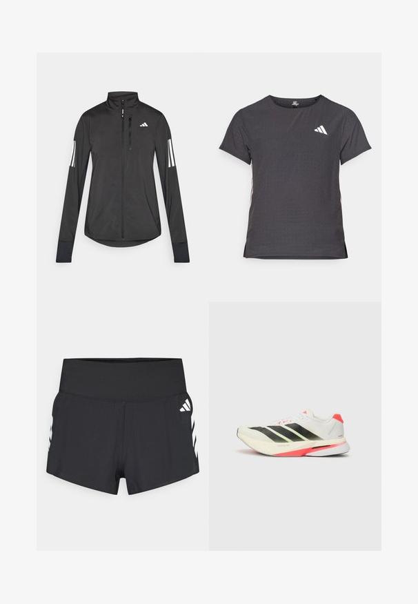 Veste de sport noire en matériau léger. Dotée d'une fermeture éclair sur le devant, d'un col haut et de trois rayures blanches sur chaque manche.; T-shirt de sport à manches courtes, gris foncé avec une texture perforée. Présente un logo blanc et des rayures latérales contrastantes. Encolure arrondie.; Shorts de sport noirs avec une taille ajustée et une texture lisse. Dotés de bandes blanches contrastantes sur les côtés. Matière légère et respirante.; Baskets de course blanches avec des rayures noires, des accents vert fluo et un talon rouge. Elles disposent d'un dessus en maille texturée et d'une semelle légère pour le confort.