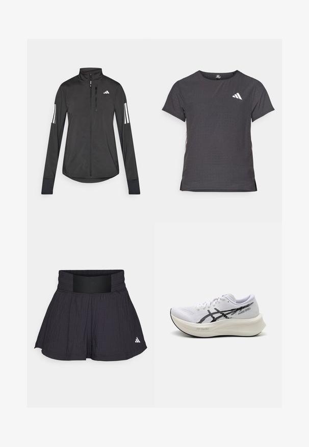 Veste de sport noire en matériau léger. Dotée d'une fermeture éclair sur le devant, d'un col haut et de trois rayures blanches sur chaque manche.; T-shirt de sport à manches courtes, gris foncé avec une texture perforée. Présente un logo blanc et des rayures latérales contrastantes. Encolure arrondie.; adidas Performance TENNIS PRO AEROREADY SEERSUCKER - Short de sport - black; ASICS MAGIC SPEED - Chaussures de running sur route - white/black