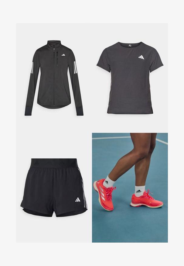 Černá atletická bunda vyrobená z lehkého materiálu. Má přední zip, vysoký límec a tři bílé pruhy na každém rukávu.; Kraťasový sportovní tričko, tmavě šedé barvy s perforovanou texturou. Obsahuje bílé logo a kontrastní boční pruhy. Kulatý výstřih.; Černé sportovní šortky s elastickým pasem, s texturovaným páskem, bočními pruhy a bílým logem Adidas na dolním lemu.; Světlé růžové sportovní boty s bílými akcenty a tkaničkami, s hladkým povrchem a gumovou podrážkou, nošeny s bílými ponožkami Adidas.