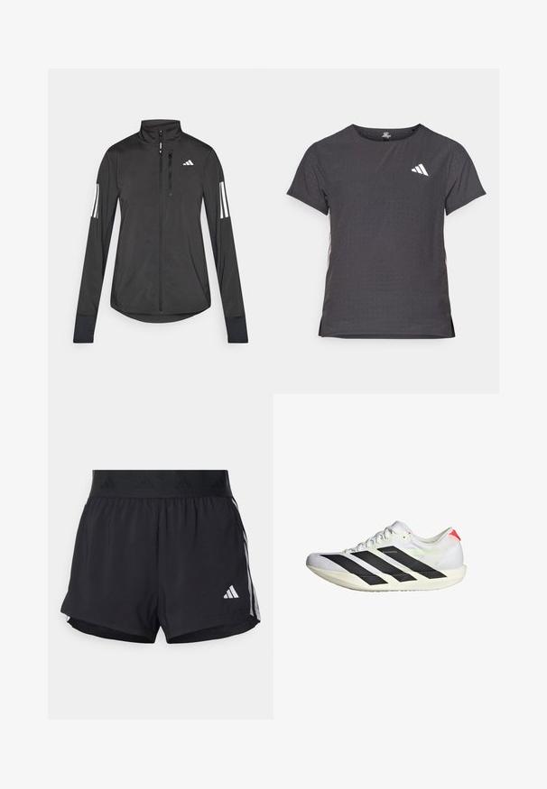 Jachetă sport neagră din material ușor. Are un fermoar frontal, guler înalt și trei dungi albe pe fiecare manșon.; Tricou athletic cu mânecă scurtă, gri închis, cu textură perforată. Prezentă un logo alb și dungi contrastante pe laterale. Guler rotunjit.; Shorts de atletism negri cu un brâu elastic, având o bandă texturată, dungi laterale și un logo alb Adidas pe tivul de jos.; Adidași albi cu dungi negre, cu un superior din plasă texturată, talpă plată și accente reflectorizante. Prezintă un design aerodinamic și sistem de închidere cu șireturi.