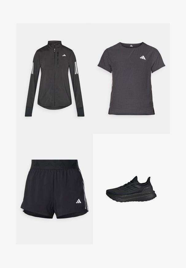 Veste de sport noire en matériau léger. Dotée d'une fermeture éclair sur le devant, d'un col haut et de trois rayures blanches sur chaque manche.; T-shirt de sport à manches courtes, gris foncé avec une texture perforée. Présente un logo blanc et des rayures latérales contrastantes. Encolure arrondie.; Shorts de sport noirs avec une taille élastique, dotés d'une bande texturée, de rayures sur les côtés, et d'un logo Adidas blanc sur l'ourlet inférieur.; Chaussures de sport noires avec une tige en mesh texturé, des rayures réfléchissantes en trois tons et une semelle épaisse et rembourrée noire portant l'inscription "LIGHT BOOST".