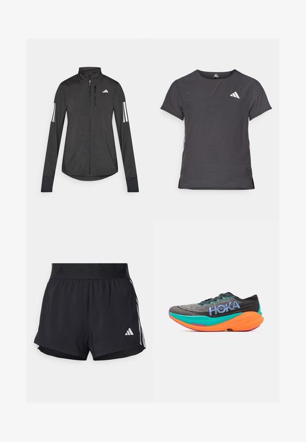Černá atletická bunda vyrobená z lehkého materiálu. Má přední zip, vysoký límec a tři bílé pruhy na každém rukávu.; Kraťasový sportovní tričko, tmavě šedé barvy s perforovanou texturou. Obsahuje bílé logo a kontrastní boční pruhy. Kulatý výstřih.; Černé sportovní šortky s elastickým pasem, s texturovaným páskem, bočními pruhy a bílým logem Adidas na dolním lemu.; HOKA MACH X 2 - Silniční běžecké boty - black/electric aqua