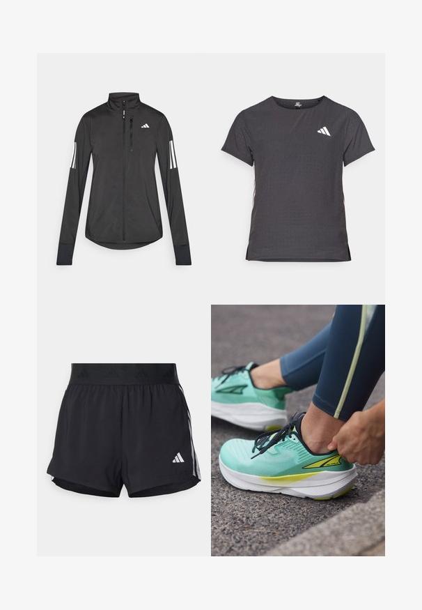 Melnā sporta jaka, izgatavota no viegla materiāla. Tajā ir priekšējais rāvējslēdzis, augsta apkakle un trīs baltas svītras katrā piedurknē.; Īsām piedurkņu sporta T-krekls, tumši pelēks ar perforētu tekstūru. Iespējots ar baltu logotipu un kontrastējošām sānu svītrām. Apaļa kakla izgriezums.; Melni sporta šorti ar elastīgu jostu, ar teksturētu joslu, sānu svītrām un baltu Adidas logo apakšējā malu.; Altra EXPERIENCE FLOW - Apavi skriešanai pa asfaltu - mint