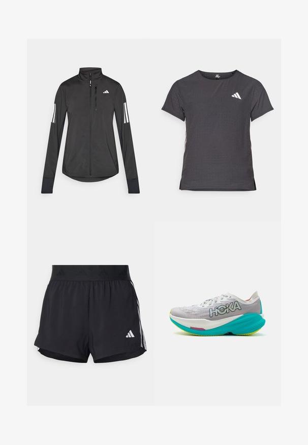 Veste de sport noire en matériau léger. Dotée d'une fermeture éclair sur le devant, d'un col haut et de trois rayures blanches sur chaque manche.; T-shirt de sport à manches courtes, gris foncé avec une texture perforée. Présente un logo blanc et des rayures latérales contrastantes. Encolure arrondie.; Shorts de sport noirs avec une taille élastique, dotés d'une bande texturée, de rayures sur les côtés, et d'un logo Adidas blanc sur l'ourlet inférieur.; Chaussures de course avec un dessus en mesh respirant blanc et gris, semelle turquoise vif et branding HOKA. Présentent un design rembourré avec des accents.