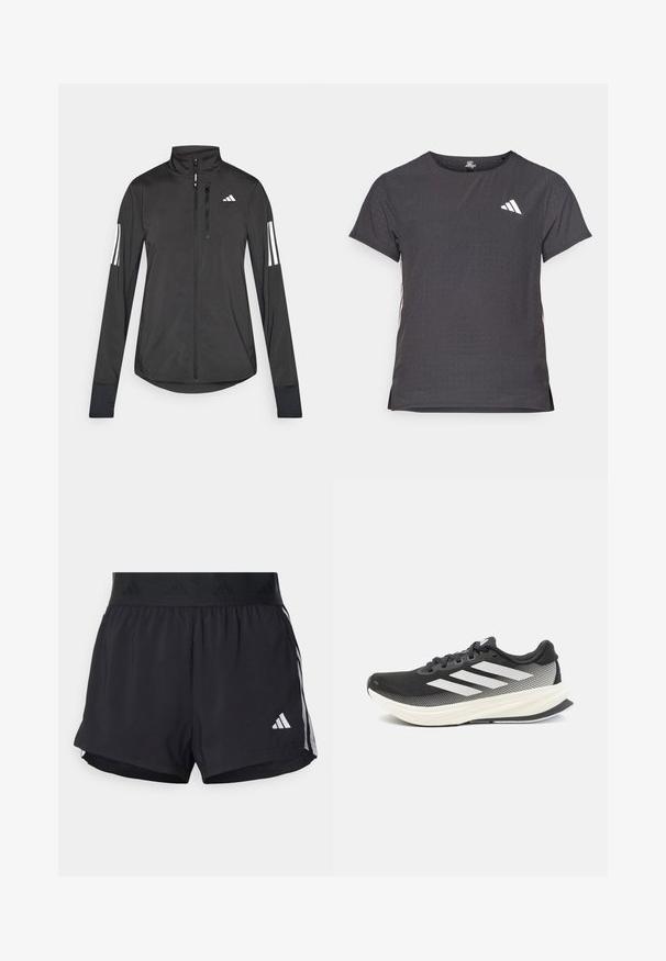 Schwarze Sportjacke aus leichtem Material. Mit einem Frontreißverschluss, hohem Kragen und drei weißen Streifen an jedem Ärmel.; Kurze Ärmel Sport-T-Shirt, dunkelgrau mit durchbrochener Textur. Enthält ein weißes Logo und kontrastierende Seitenstreifen. Runder Ausschnitt.; Schwarze Sportshorts mit einem elastischen Bund, ausgestattet mit einem strukturierten Band, seitlichen Streifen und einem weißen Adidas-Logo am unteren Saum.; Schwarzer Sportschuh mit Mesh-Obermaterial, weißen Akzenten und einer dicken weißen Zwischensohle. Verfügt über Schnürsenkel und ein niedriges Profil.