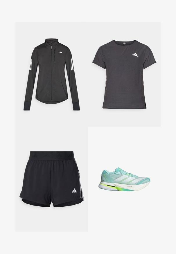 Fekete sportos dzseki könnyű anyagból. Elöl cipzárral, magas gallérral és minden ujjon három fehér csíkkal rendelkezik.; Rövid ujjú sport póló, sötétszürke perforált textúrával. Fehér logóval és kontrasztos oldalsávokkal rendelkezik. Kerek nyakkal.; Fekete sportnadrág rugalmas derékrésszel, texturált szalagon, oldalsó csíkokkal és fehér Adidas logóval az alsó szélén.; Könnyű futócipő menta zöld és fehér színben, hálós felső résszel és rugalmas talppal. Három csíkkal és texturált sarokkialakítással rendelkezik.