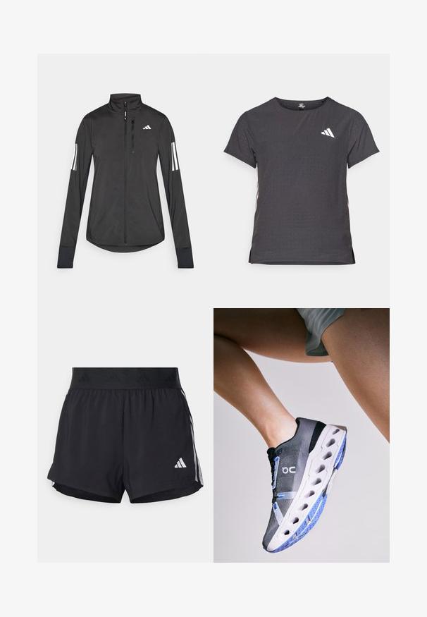 Juodas sportinis švarkas, pagamintas iš lengvos medžiagos. Yra priekinis užtrauktukas, aukšta apykaklė ir trys baltos juostos kiekviename rankovėje.; Trumpas rankovėmis sportinis marškinėlis, tamsiai pilkas, su perforuota tekstūra. Yra baltas logotipas ir kontrastingos šoninės juostos. Iškirptė suapvalinta.; Juodos sportinės šortai su elastinga juosta, su tekstūruota juosta, šoninėmis juostelėmis ir baltu Adidas logotipu apatinėje dalyje.; On CLOUDECLIPSE - Bėgimo batai plentui - black frost