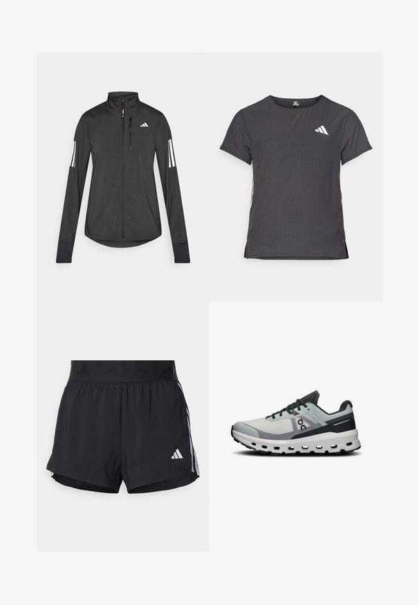 Czarna sportowa kurtka wykonana z lekkiego materiału. Posiada zamek błyskawiczny z przodu, wysoki kołnierz oraz trzy białe paski na każdym rękawie.; Koszulka sportowa z krótkim rękawem, ciemnoszara z perforowaną teksturą. Posiada białe logo oraz kontrastowe paski po bokach. Okrągły dekolt.; Czarne sportowe szorty z elastycznym paskiem w talii, z teksturowanym pasem, bocznymi paskami oraz białym logo Adidas na dolnym brzegu.; Buty do biegania z jasnoszarym siateczkowym wierzchem, ciemnoniebieskimi akcentami i grubą białą podeszwą środkową z wycięciami. Sznurówki w ciemnoszarym kolorze.