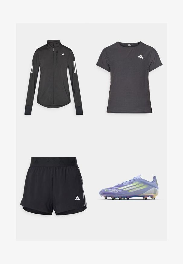 Giacchetto sportivo nero realizzato in materiale leggero. Presenta una chiusura frontale con zip, colletto alto e tre strisce bianche su ciascun manica.; T-shirt atletico a maniche corte, grigio scuro con texture perforata. Presenta un logo bianco e strisce laterali a contrasto. Girocollo.; Pantaloni sportivi neri con cintura elasticizzata, dotati di una banda testurizzata, strisce laterali e un logo Adidas bianco sull'orlo inferiore.; Scarpa da calcio viola chiaro con accenti iridescenti, motivo testurizzato sulla parte superiore, sei tacchetti neri e tre strisce bianche sul lato.