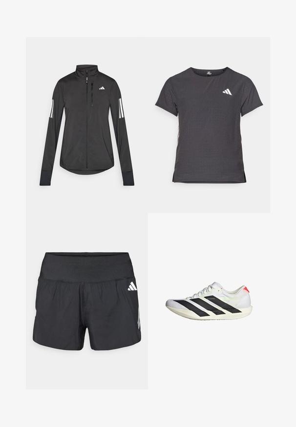 Giacchetto sportivo nero realizzato in materiale leggero. Presenta una chiusura frontale con zip, colletto alto e tre strisce bianche su ciascun manica.; T-shirt atletico a maniche corte, grigio scuro con texture perforata. Presenta un logo bianco e strisce laterali a contrasto. Girocollo.; Pantaloncini sportivi neri con una fascia elastica larga in vita, tessuto leggero e dettagli del logo bianco sul lato inferiore.; Scarpa da corsa bianca con strisce nere, tomaia in rete testurizzata, suola piatta e dettagli riflettenti. Presenta un design aerodinamico e chiusura con lacci.