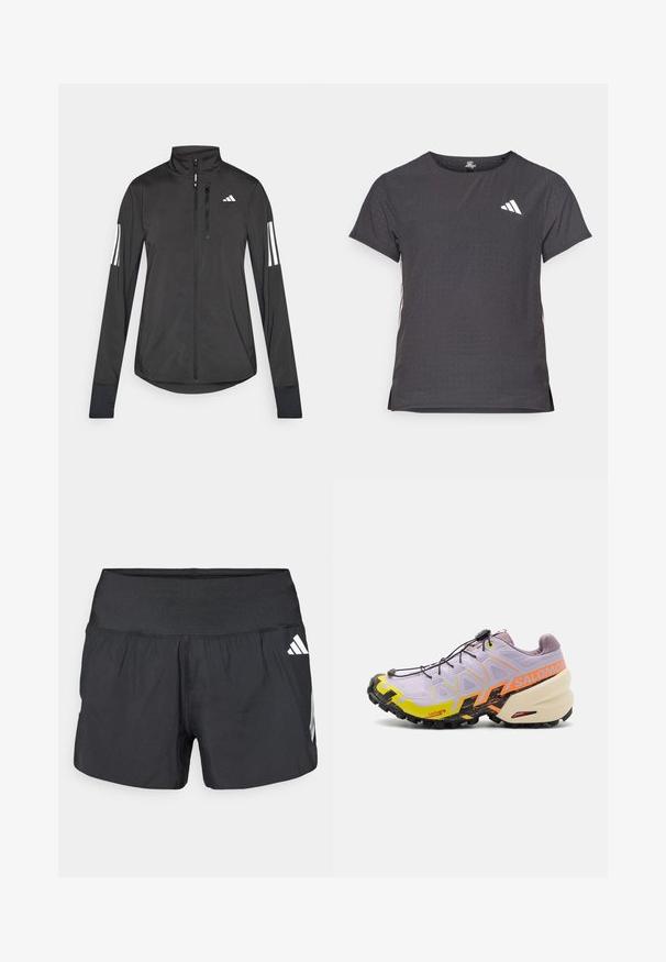 Black athletic jacket made of lightweight material. Features a front zipper, high collar, and three white stripes on each sleeve.; Short-sleeve athletic t-shirt, dark gray with perforated texture. Features a white logo and contrasting side stripes. Rounded neckline.; Black athletic shorts featuring a wide elastic waistband, lightweight fabric, and white logo accents on the lower side.; Salomon SPEEDCROSS 6 - Trail running shoes - orchid petal/black/sulphur spring