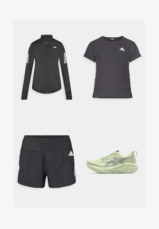 Black athletic jacket made of lightweight material. Features a front zipper, high collar, and three white stripes on each sleeve.; Short-sleeve athletic t-shirt, dark gray with perforated texture. Features a white logo and contrasting side stripes. Rounded neckline.; Black athletic shorts featuring a wide elastic waistband, lightweight fabric, and white logo accents on the lower side.; Light green athletic shoe featuring a mesh upper, textured accents, and a thick, angular sole for enhanced cushioning and support.