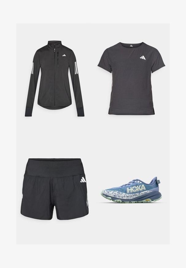 Black athletic jacket made of lightweight material. Features a front zipper, high collar, and three white stripes on each sleeve.; Short-sleeve athletic t-shirt, dark gray with perforated texture. Features a white logo and contrasting side stripes. Rounded neckline.; Black athletic shorts featuring a wide elastic waistband, lightweight fabric, and white logo accents on the lower side.; Lightweight running shoe in blue shades, featuring a textured mesh upper, bold HOKA logo, and a rugged Vibram outsole for grip.