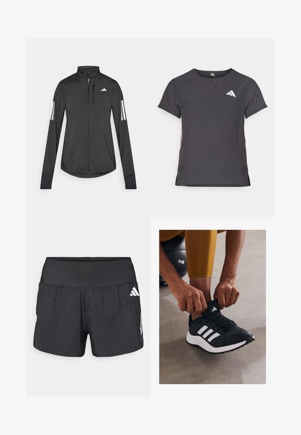 Svart idrottsjacka i lätt material. Har en framzipper, hög krage och tre vita ränder på varje ärm.; Kortärmad atletisk t-shirt, mörkgrå med perforerad textur. Har en vit logotyp och kontrasterande sidostripes. Rundad halsringning.; Svarta sportshorts med bred resår i midjan, lättviktstyg och vita logodetaljer på nedre sidan.; Svart atletisk sko med vita ränder, texturerad ovandel och gummisula. En person justerar strumpkragen medan hen sitter på en grå yta.