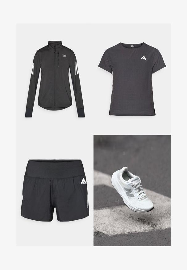 Giacchetto sportivo nero realizzato in materiale leggero. Presenta una chiusura frontale con zip, colletto alto e tre strisce bianche su ciascun manica.; T-shirt atletico a maniche corte, grigio scuro con texture perforata. Presenta un logo bianco e strisce laterali a contrasto. Girocollo.; Pantaloncini sportivi neri con una fascia elastica larga in vita, tessuto leggero e dettagli del logo bianco sul lato inferiore.; Scarpa da corsa bianca con tomaia in mesh testurizzato, dettagli grigi e suola ammortizzata, mostrata in volo sopra un segno sull'asfalto.