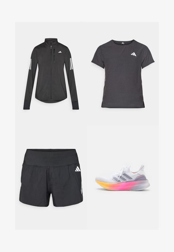 Crni sportski jakna napravljena od laganog materijala. Ima prednji zatvarač, visoki ovratnik i tri bijele pruge na svakoj rukavu.; Majica kratkih rukava za sport, tamno siva s perforiranim uzorkom. Ima bijeli logo i kontrastne bočne pruge. Zaobljeni izrez.; Crne sportske kratke hlače s širokim elastičnim pojasom, laganom tkaninom i bijelim logotipom na donjoj strani.; Bijela atletska cipela s prozračnom pletenom gornjom konstrukcijom, tri siva pruge i izvorna potplat u gradijentu od ružičaste do žute boje. Ima podstavljeni potplat.