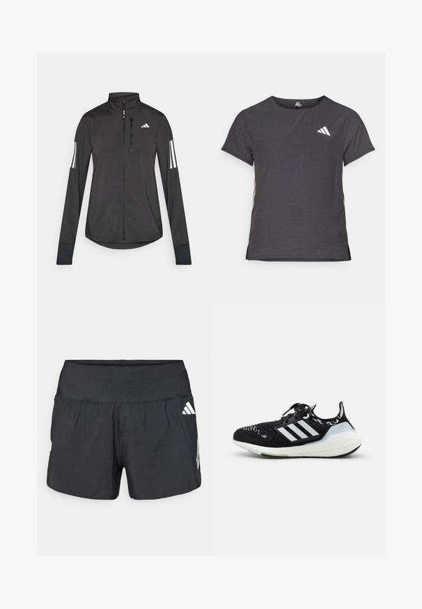 Czarna sportowa kurtka wykonana z lekkiego materiału. Posiada zamek błyskawiczny z przodu, wysoki kołnierz oraz trzy białe paski na każdym rękawie.; Koszulka sportowa z krótkim rękawem, ciemnoszara z perforowaną teksturą. Posiada białe logo oraz kontrastowe paski po bokach. Okrągły dekolt.; Czarne spodenki sportowe z szerokim elastycznym pasem, lekkim materiałem i białymi akcentami logo na dolnej stronie.; Czarne buty sportowe z białą podeszwą środkową, teksturowaną cholewką, trzema białymi paskami po boku i wzorzystymi akcentami w pobliżu palców.