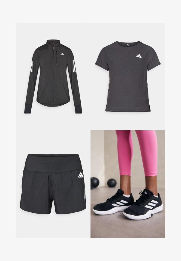 Black athletic jacket made of lightweight material. Features a front zipper, high collar, and three white stripes on each sleeve.; Short-sleeve athletic t-shirt, dark gray with perforated texture. Features a white logo and contrasting side stripes. Rounded neckline.; Black athletic shorts featuring a wide elastic waistband, lightweight fabric, and white logo accents on the lower side.; Black athletic shoes with white stripes, textured mesh upper, and a white sole. Worn with pink leggings, showcasing training apparel.