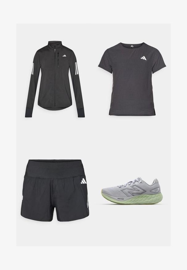 Giacchetto sportivo nero realizzato in materiale leggero. Presenta una chiusura frontale con zip, colletto alto e tre strisce bianche su ciascun manica.; T-shirt atletico a maniche corte, grigio scuro con texture perforata. Presenta un logo bianco e strisce laterali a contrasto. Girocollo.; Pantaloncini sportivi neri con una fascia elastica larga in vita, tessuto leggero e dettagli del logo bianco sul lato inferiore.; Scarpa da corsa grigia chiara con tomaia tessurizzata, laccio standard e suola ammortizzata verde. Presenta dettagli in gomma sagomati e branding.